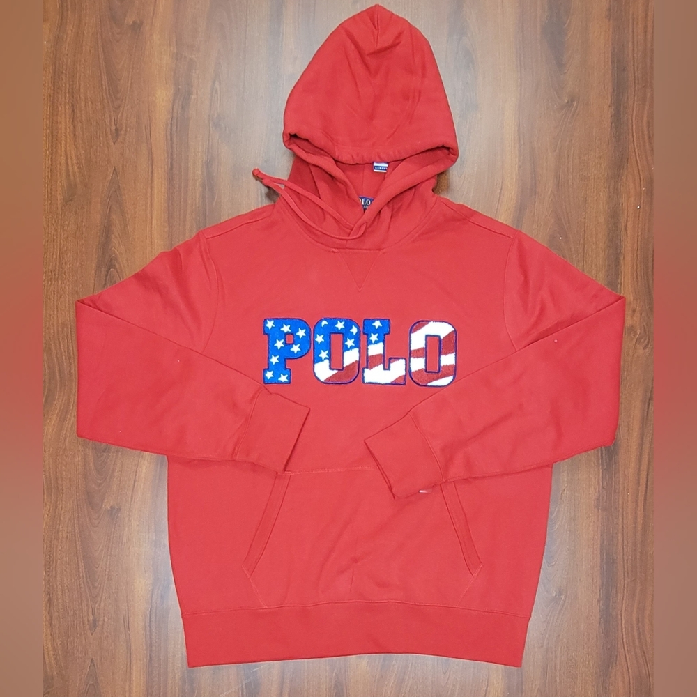 New Polo Ralph Lauren Pullover Fleece Hoodie USA Flag Red Men's Large $198